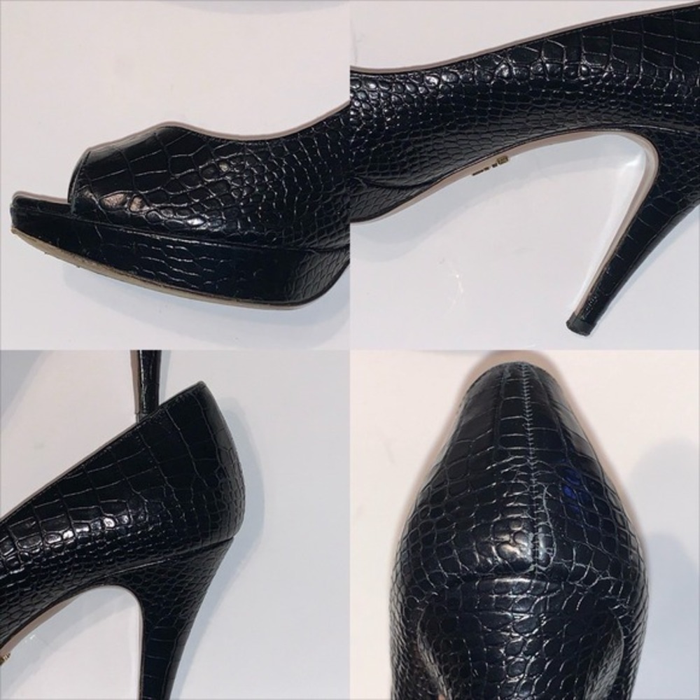 Vtg Prada Sz 36.5 Black Crocodile Embossed Leather Peep Toe Platform Pumps Heels - Picture 10 of 16